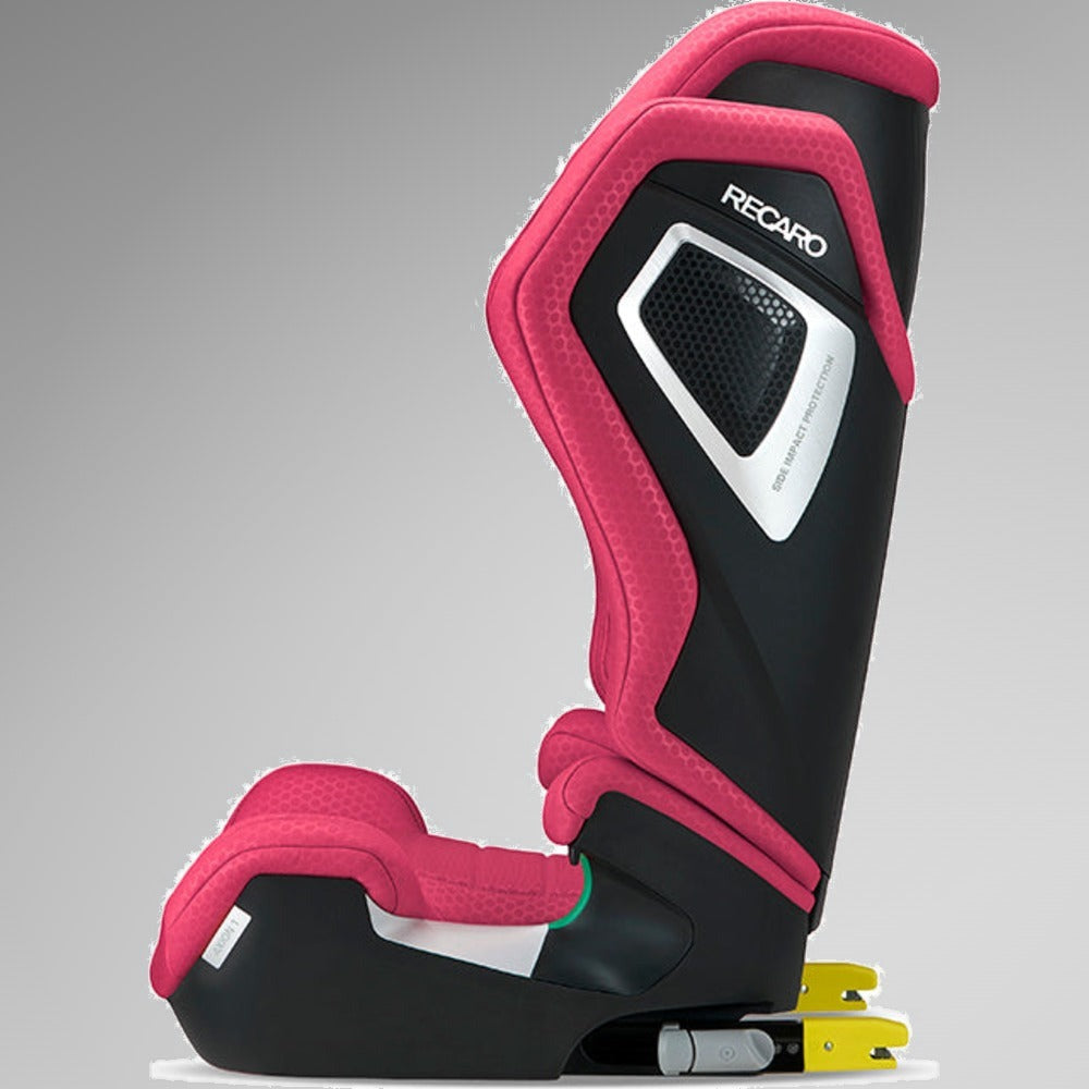 Recaro Axion 1 Wow Pink autostol set fra siden med synlige Isofix-beslag i gul