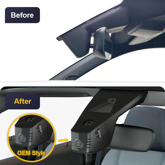 Vorher- und Nachherbild der FitCamX Dashcam, installiert in einem Peugeot e-208 2020-2025 am Rückspiegel.
