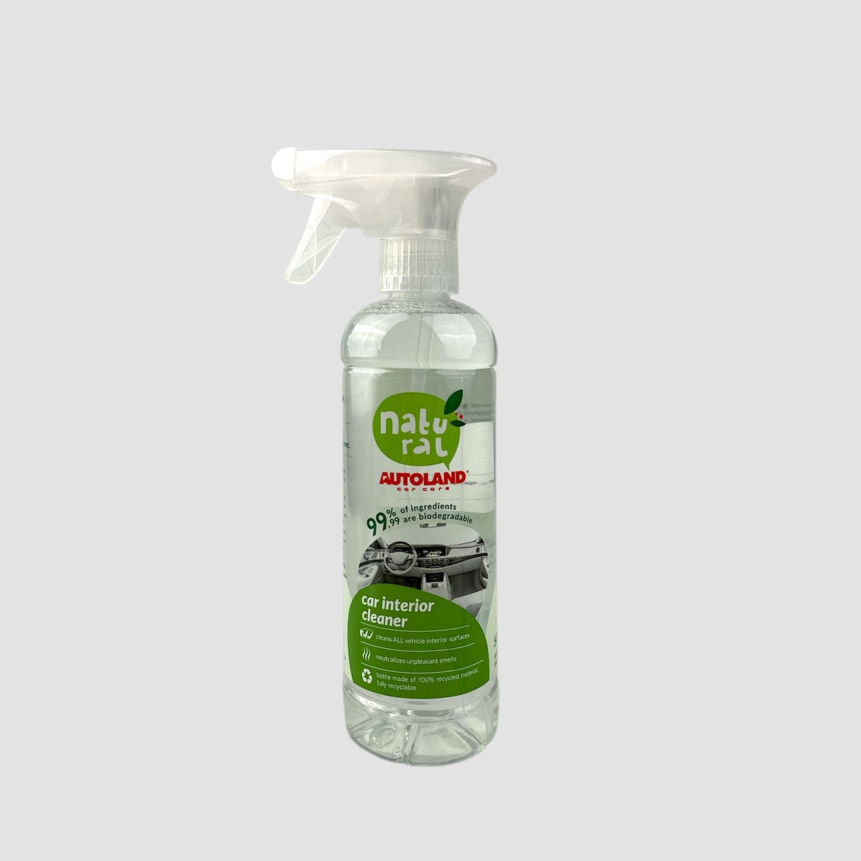 Autoland Innenraum-Reinigungsspray in Sprühflasche mit grünem Etikett, geeignet zur Reinigung des Fahrzeuginnenraums.