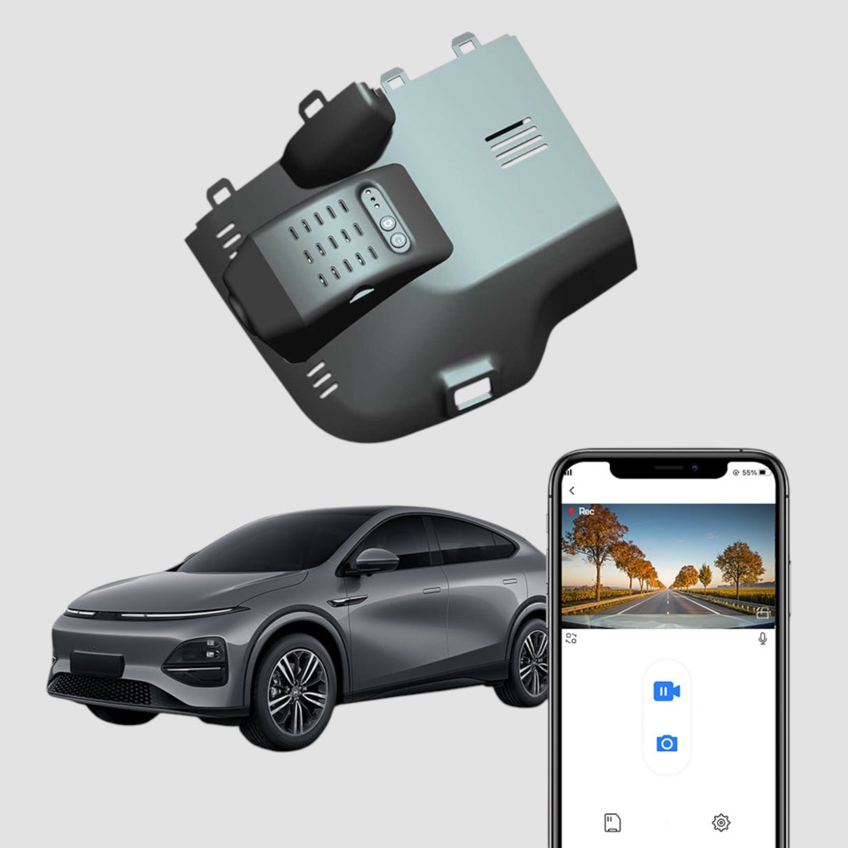FitCamX Dashcam für XPENG G6 2022-2025, angezeigt mit Live-App-Verbindung.