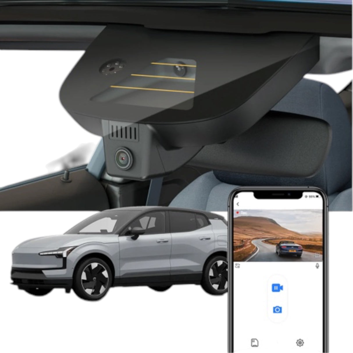 FitCamX Dashcam für Volvo EX30 2024, mit App-Anzeige und Fahrzeugmodell.