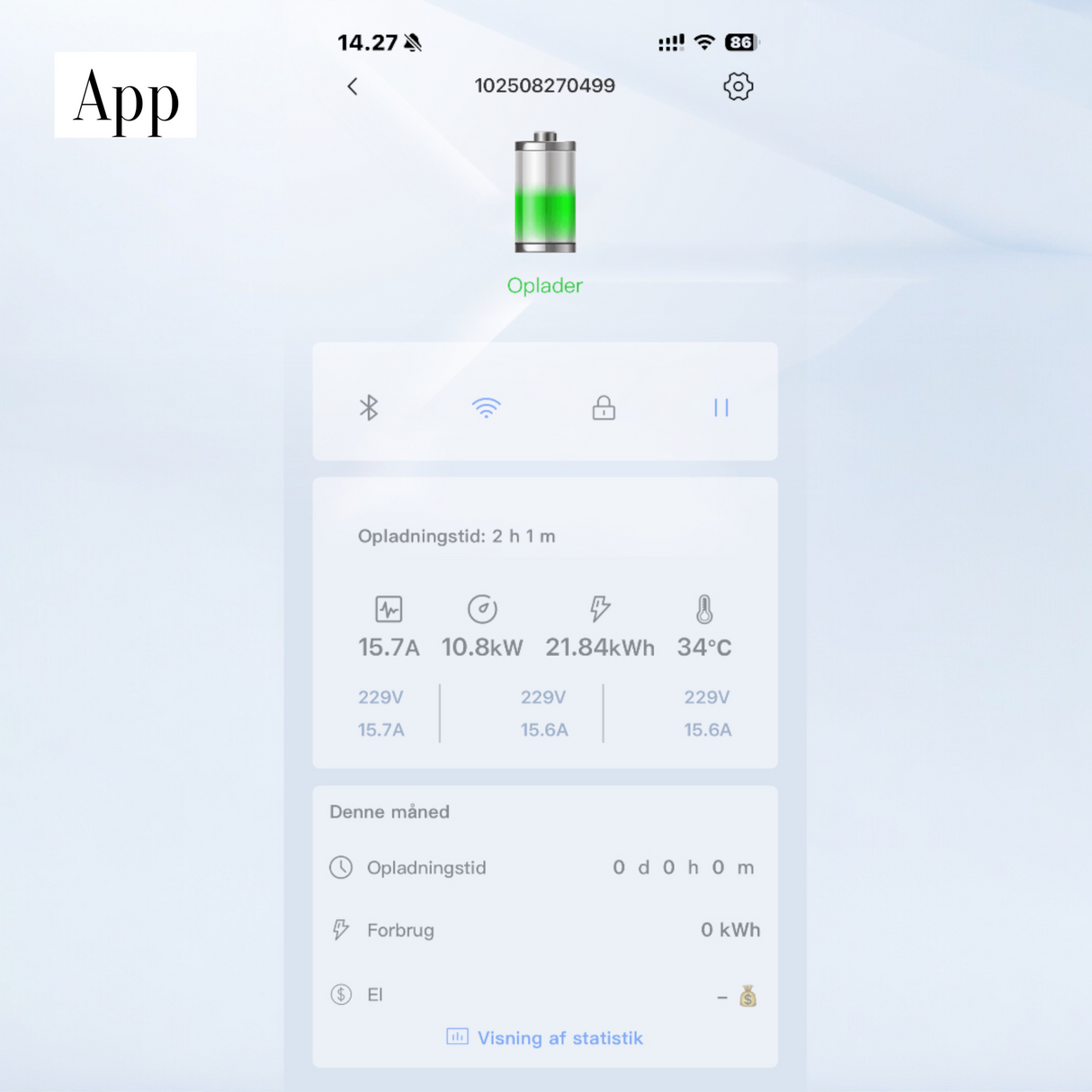 GCG MAX Ladegerät App-Anzeige mit Batteriestand und Lade-Statistik