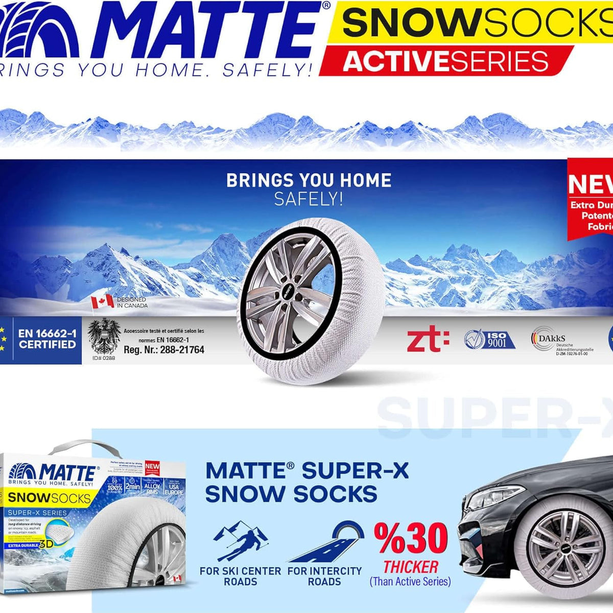 Super-X Schneesocken-Matte für Autos mit Logo und technischen Spezifikationen.