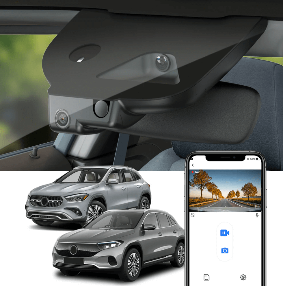 FitCamX Dashcam für Mercedes EQA. App-gesteuerte smarte Dashcam mit elegantem OEM-Design.
