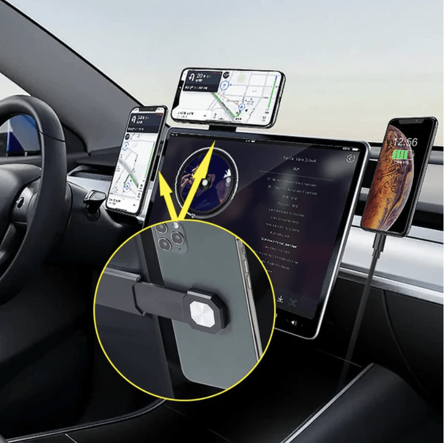Es sind viele Handyhalter angebracht, die zeigen, wie viele gleichzeitig Platz haben. Alle halten ein Handy.