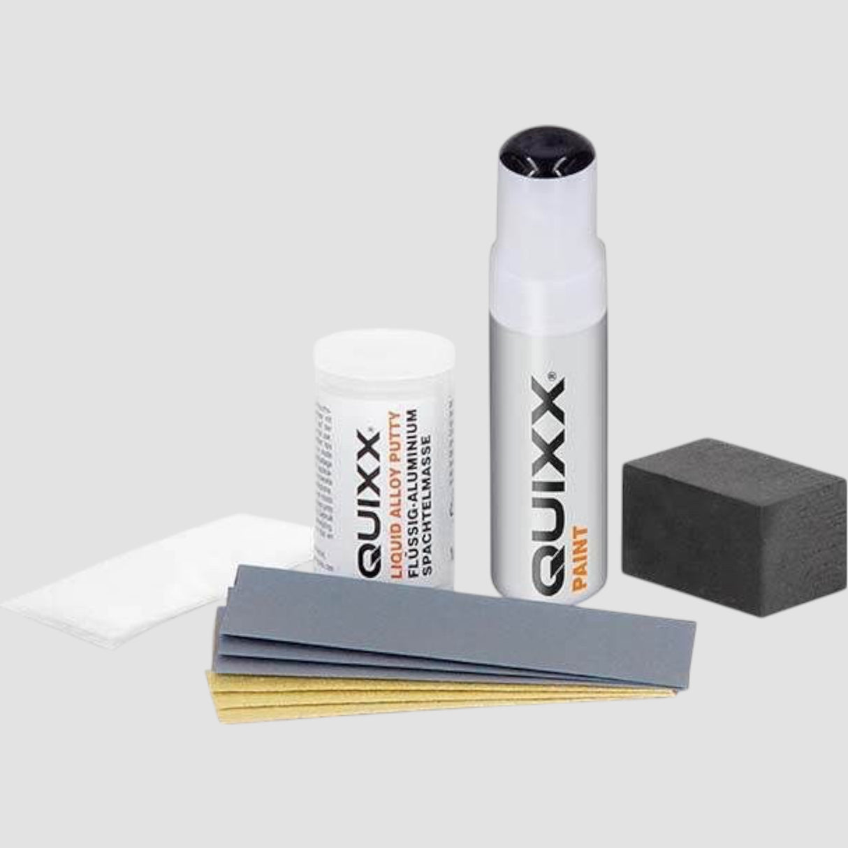 Quixx Reparaturset für Felgen mit Aluminiums-Spachtelmasse, Lack und Feile.