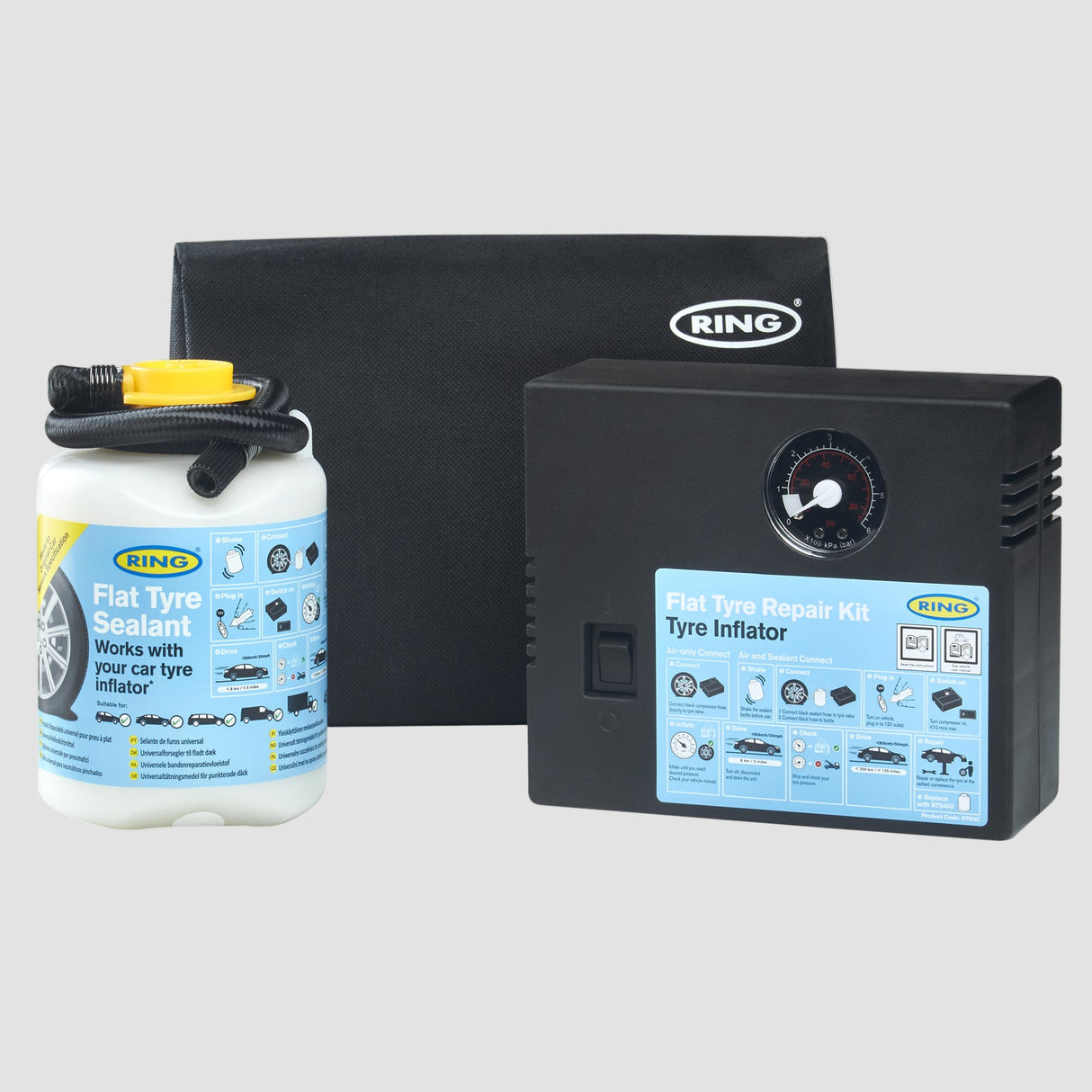 Ring RTK4 Reifenreparaturset mit Dichtmittel und Reifenfüller auf weißem Hintergrund.
