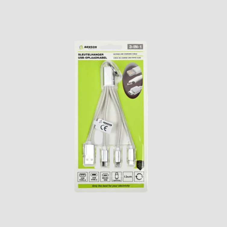 Schlüsselanhänger mit mehreren USB-Anschlüssen, verpackt in grüner Verpackung.