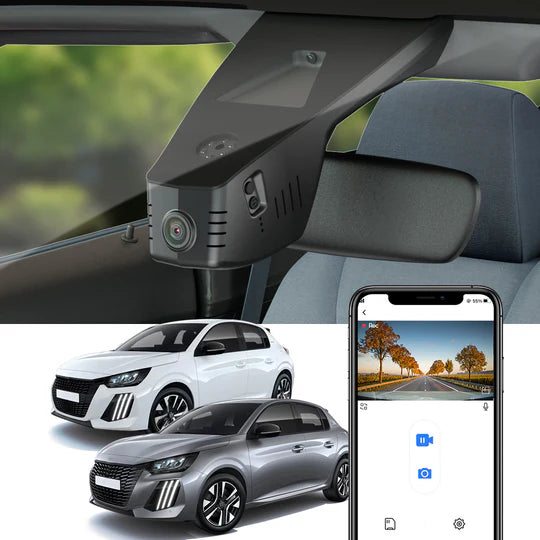 FitCamX Dashcam montiert im Peugeot e-208, gezeigt mit App-Verbindung und zwei Automodellen.