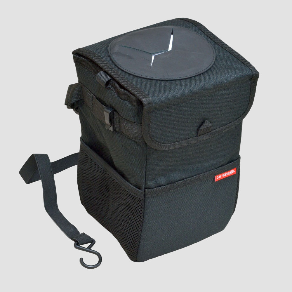Schwarzer Auto-Mülleimer von Car-Bags mit Netzfach und Aufhängehaken.