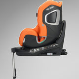 Recaro Xenon 1 Kid Orange autostol set fra siden med støttefod og base