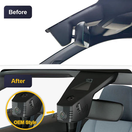 Vorher- und Nachherbild der FitCamX Dashcam, installiert in einem Peugeot e-208 2020-2025 am Rückspiegel.