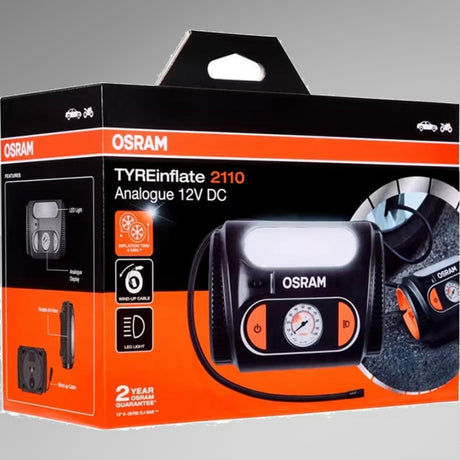 Osram TYREinflate 2110 emballage set forfra i vinklet perspektiv med funktionsikoner