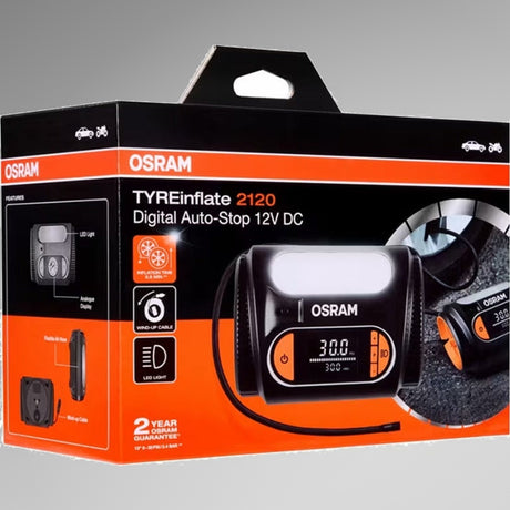 Osram TYREinflate 2120 emballage set forfra i vinklet perspektiv med funktionsikoner