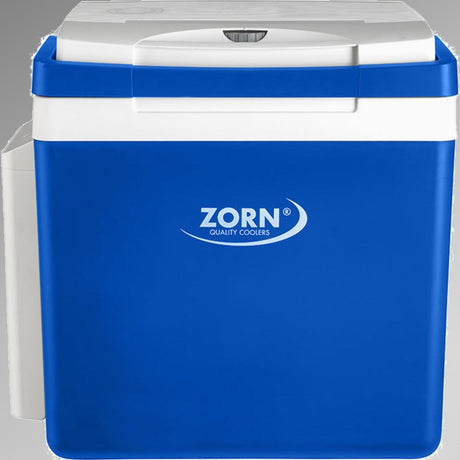 ZORN 25L elektrisk køleboks 12/230V med batteri - blå og hvid model set forfra