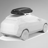 Thule Pulse 2 L Black Aeroskin sort tagboks monteret på bil, illustration set fra siden med bagagerum synligt