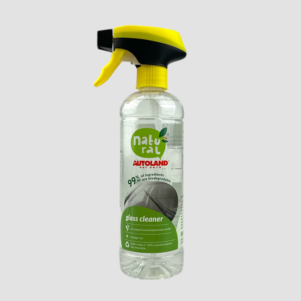 Autoland Glasreiniger Sprühflasche mit gelbem Verschluss, geeignet zur Reinigung von Glas und Spiegeln.