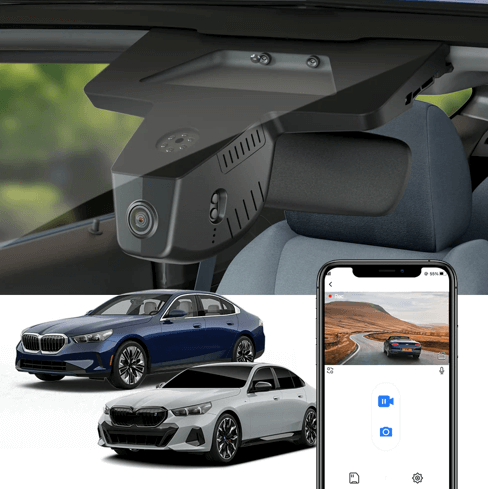 FitCamX Dashcam für BMW i5 2024 (G60) mit Smartphone-App und zwei Fahrzeugen.