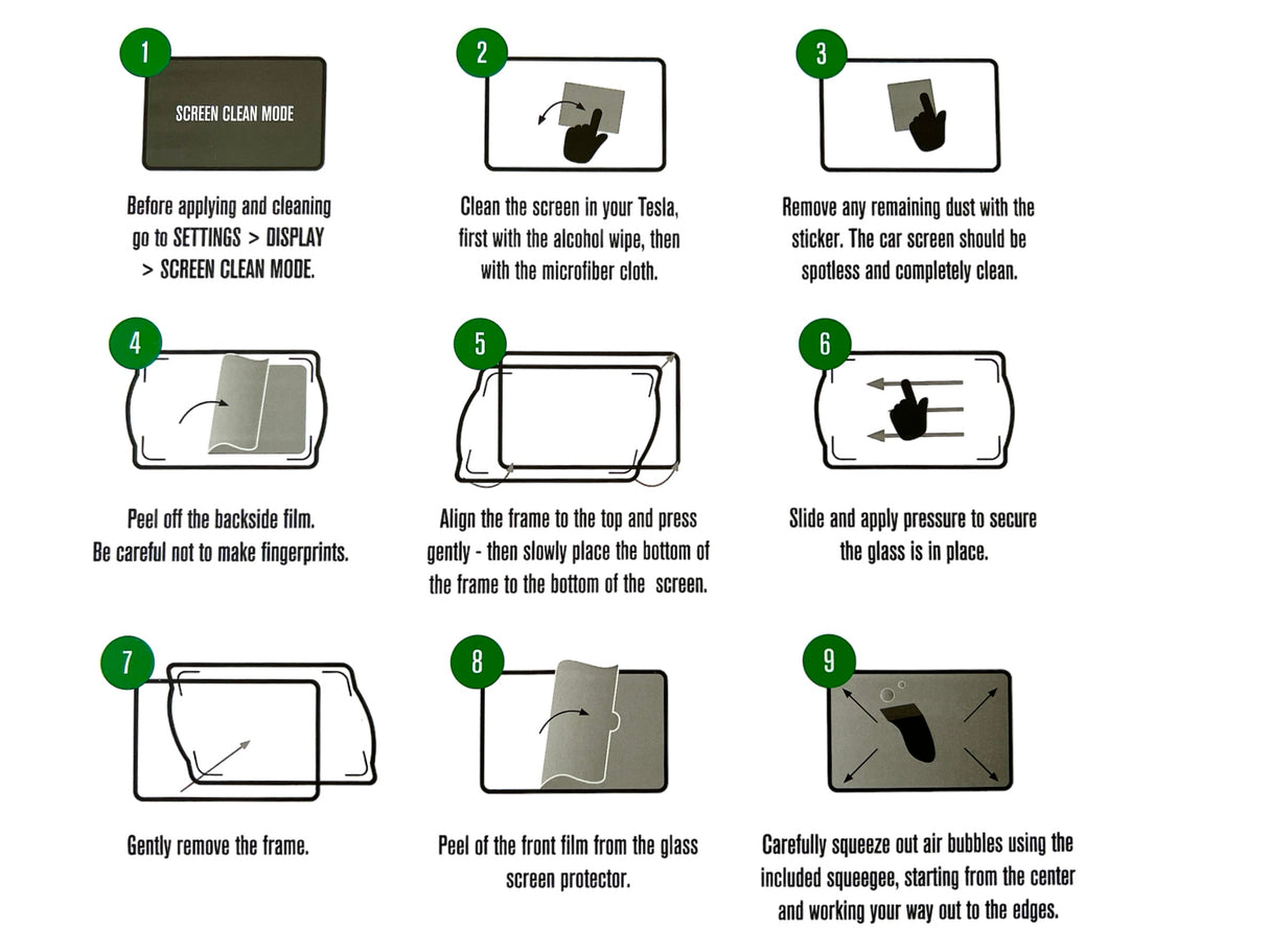 GCG Max Displayschutz Montageanleitung mit neun Schritten für Tesla Model 3/Y.