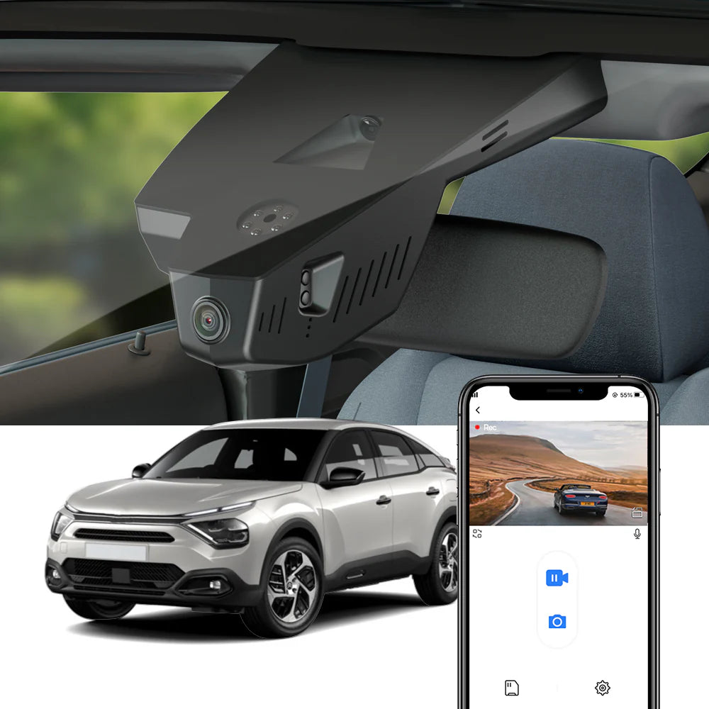 FitCamX Dashcam montiert im Citroen e-C4 2021-2024, gezeigt zusammen mit Live-Ansicht auf dem Smartphone.