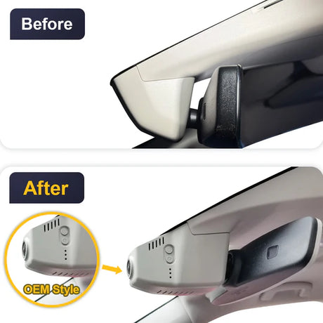 FitCamX Dashcam installeret i Skoda Elroq 2025, før og efter montering, OEM-stil vises.