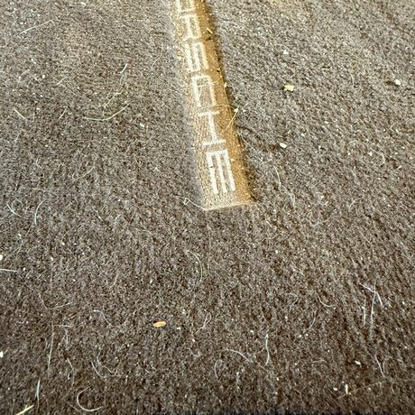 Vorher-Bild einer stark verschmutzten Autofußmatte mit Porsche-Logo vor dem TurboClean Staubsauger