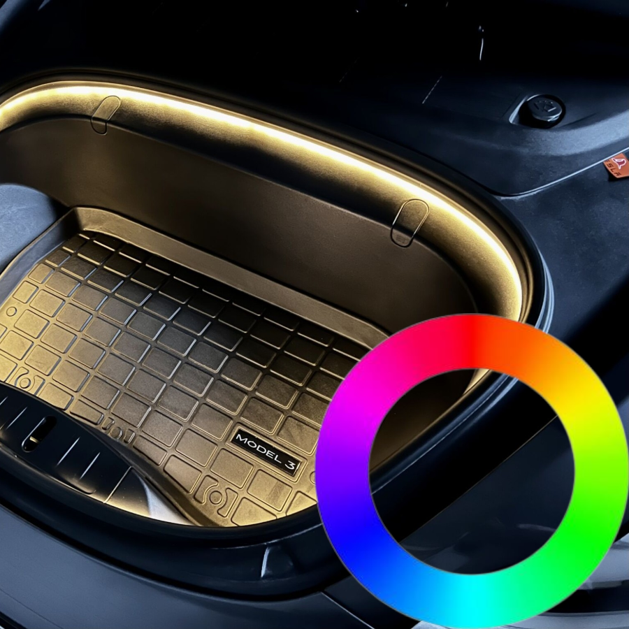 Frunk LED RGB-Lichtleiste im Tesla Model 3/Y mit Farbrad.