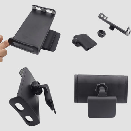 Vier Bilder des GCG MAX Tablet-/Telefonhalters, verschiedene Winkel und Komponenten