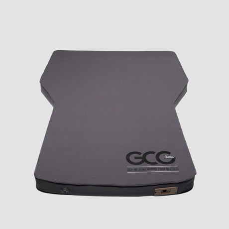 GCG MAX Premium Luftmatratze mit Memory-Schaum in Grau, von oben auf weißem Hintergrund gezeigt.