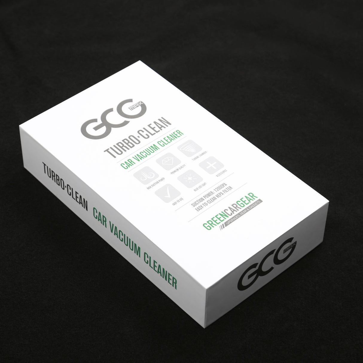 GCG MAX TurboClean Auto-Staubsauger, weiße Verpackung mit grünem Text