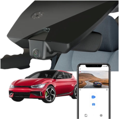 FitCamX Dashcam til Kia EV6 2022-, vist monteret med eksempel på videooptagelse fra kameraet.