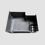 Schwarze Aufbewahrungsbox für Kia EV9 Armlehne, von oben mit Facheinteilung gezeigt.