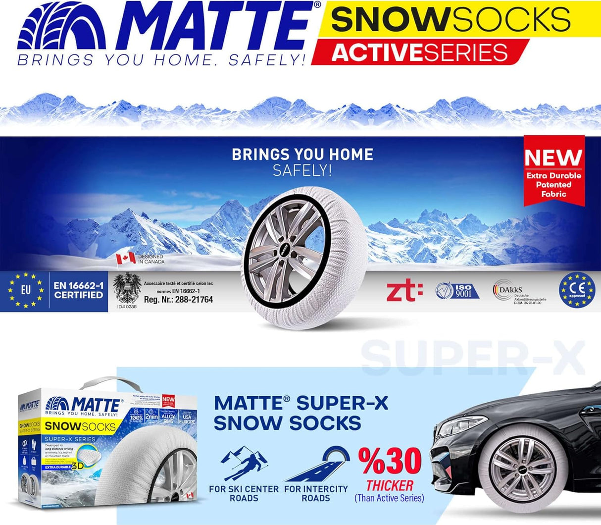 Super-X Schneesocken-Matte für Autos mit Logo und technischen Spezifikationen.