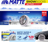 Super-X Schneesocken-Matte für Autos mit Logo und technischen Spezifikationen.