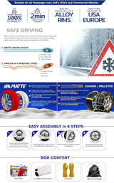 Matte SUPER-X Schneesocken montiert auf Reifen in detaillierter Präsentation.