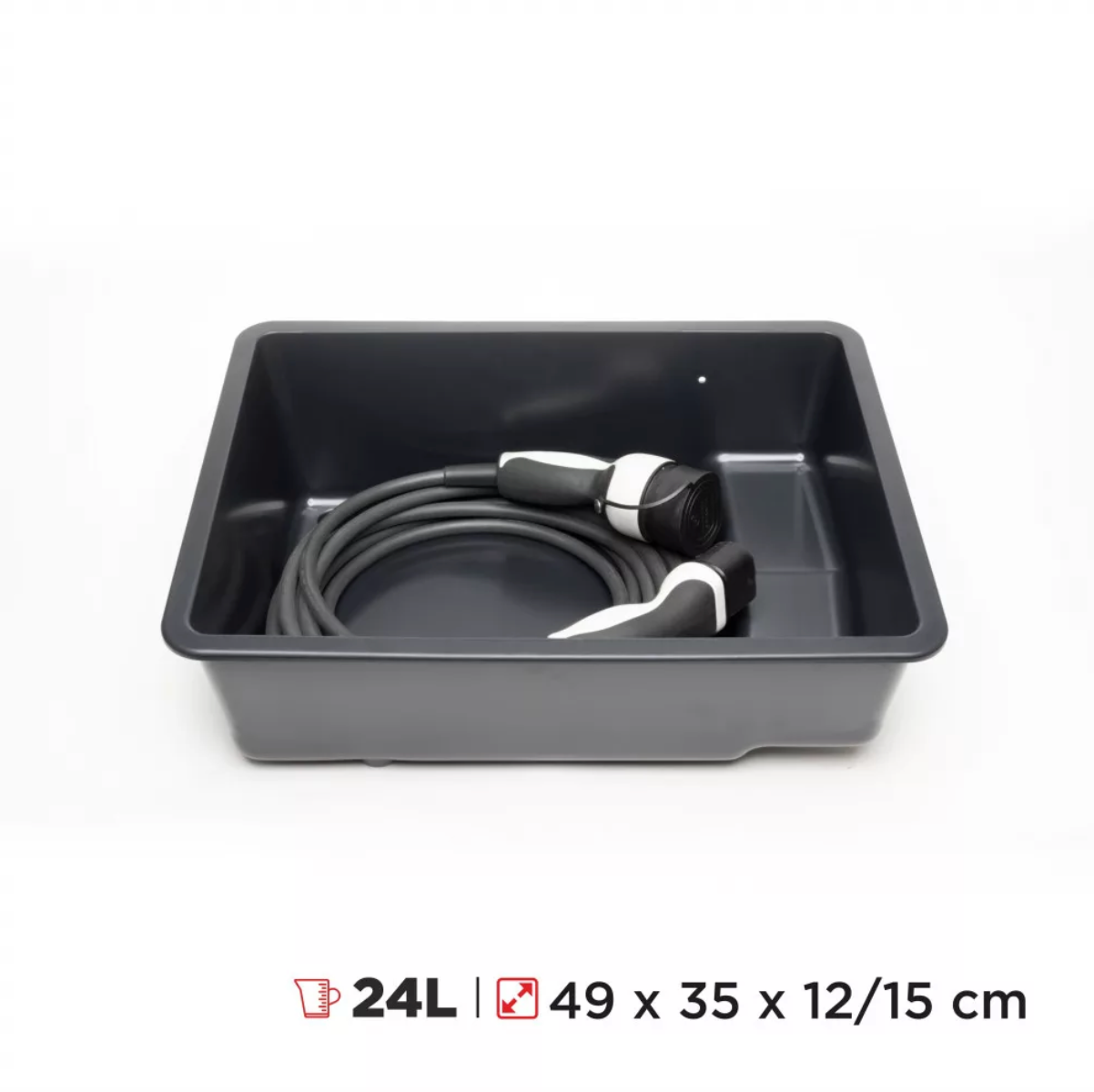 Rati Frunk Aufbewahrungsbox mit Elektroautoladekabel und Abmessungen.