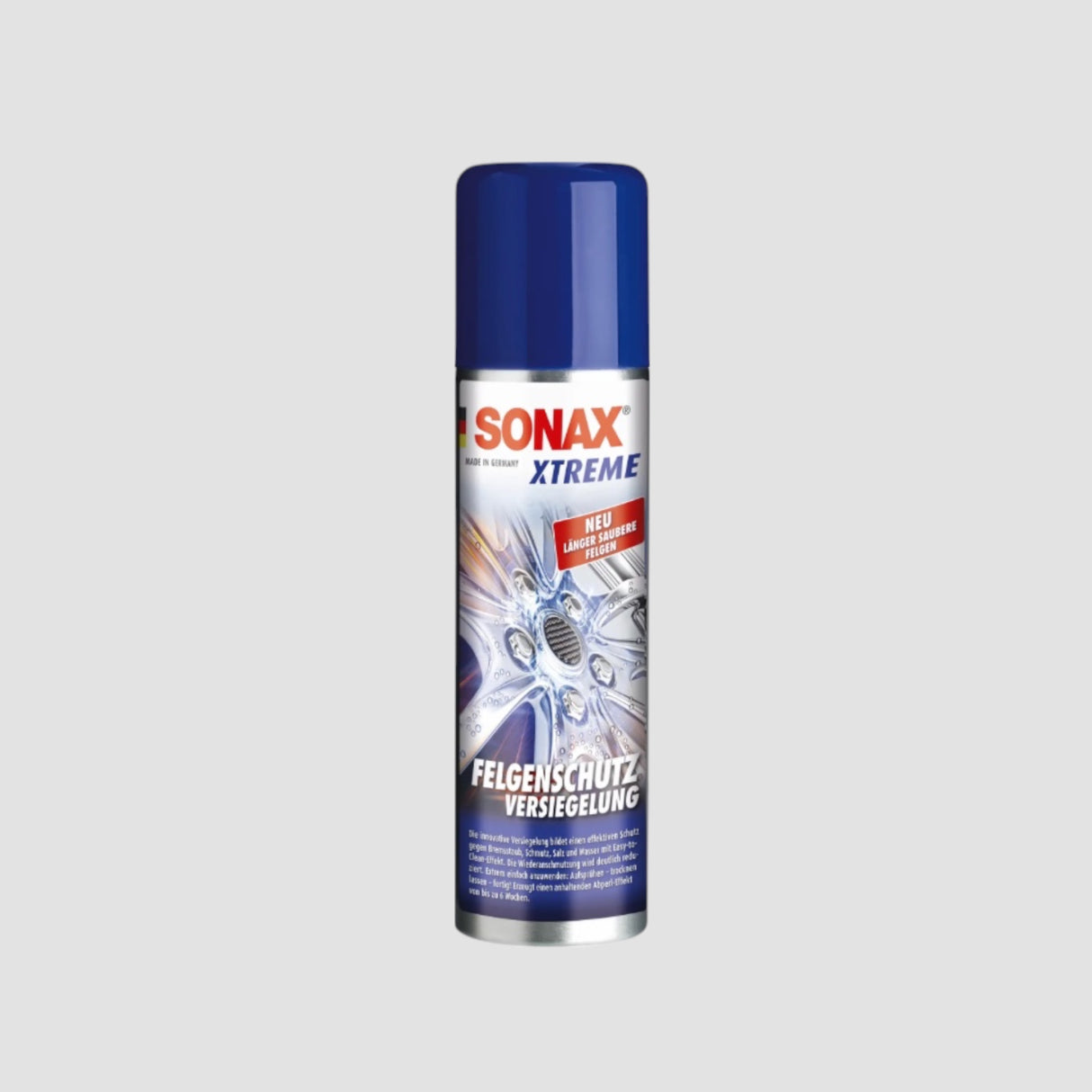 Sonax Xtreme Felgenversiegelung in blauer Sprühflasche für die Autopflege.