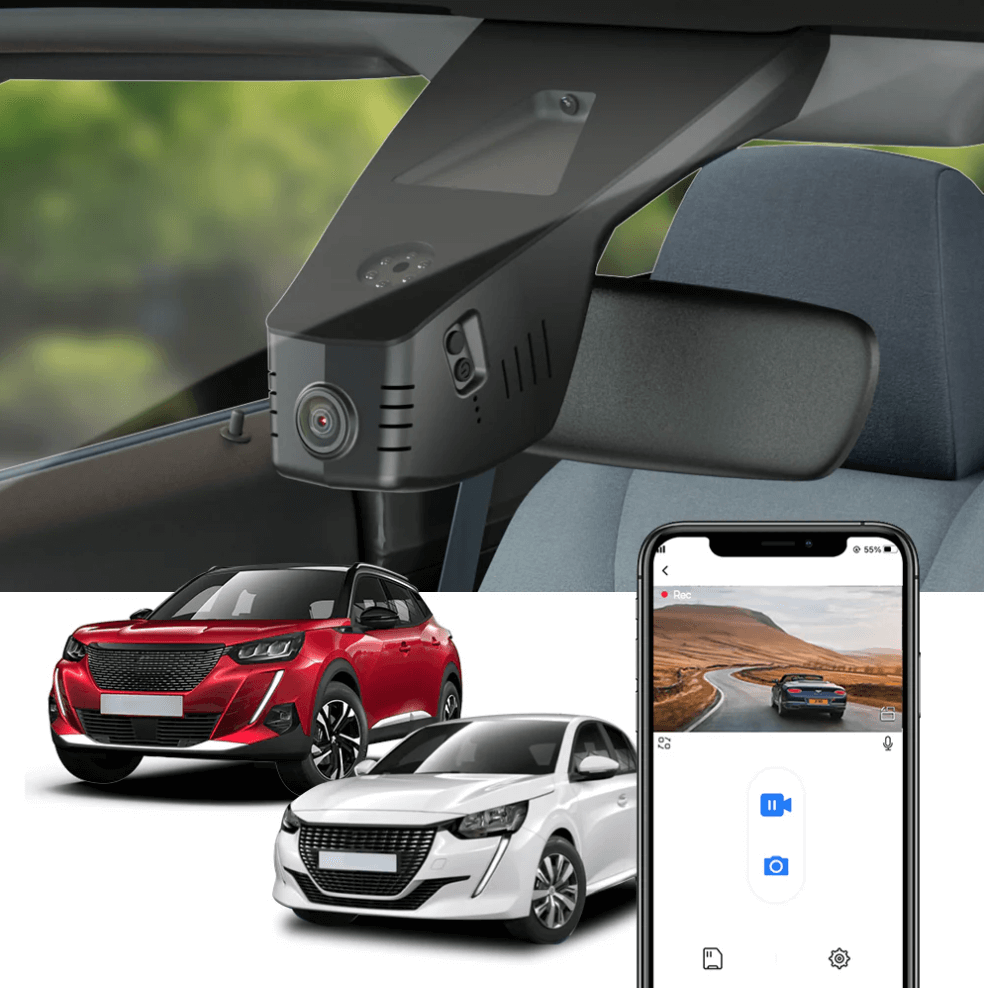 FitCamX Dashcam für Peugeot e-2008 im Auto montiert, mit App auf dem Telefon.