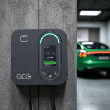 GCG MAX Wandladestation mit grünem Elektroauto im Hintergrund.