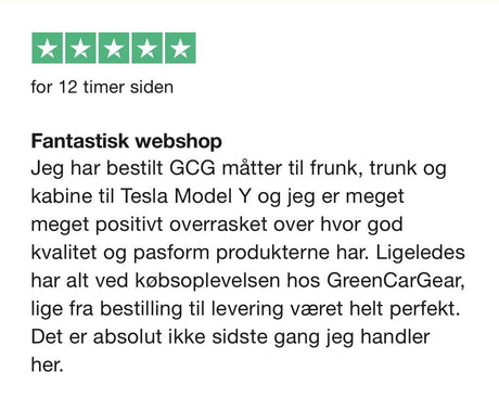 Kundenbewertung mit fünf Sternen für Greencargear, über Fußmatten für Tesla Model Y