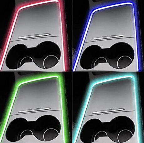 LED montiert in mehreren verschiedenen Tesla-Fahrzeugen. Die Farben, in denen sie zu sehen sind, sind Rot, Blau, Grün und Türkisblau.