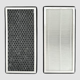 Zwei Kohleluftfilter für VW ID.3/4/5/6/7 von vorne gezeigt, einer mit schwarzem Netz und einer mit weißer Filteroberfläche.