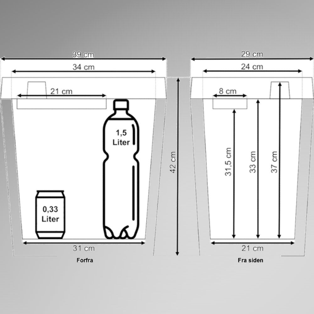 Mål på ZORN Z26 elektrisk køleboks 25 liter forfra og fra siden